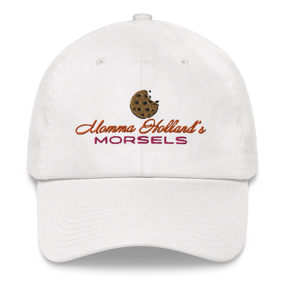 This is a white ball cap with Momma Holland's Morsels Logo and a cookie on it.
